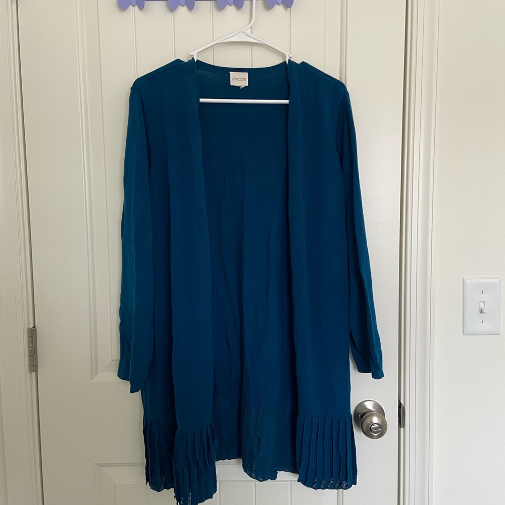 EUC Chico’s women’s blue teal pleated open knit cardigan sweater large